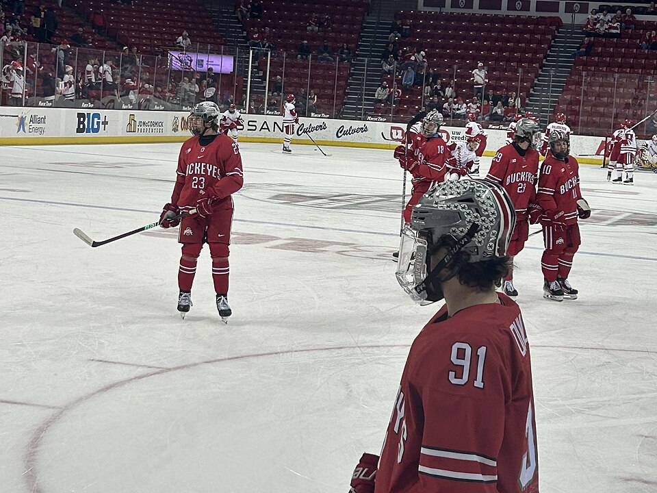 Ohio State men’s hockey players in a past game at Wisconsin